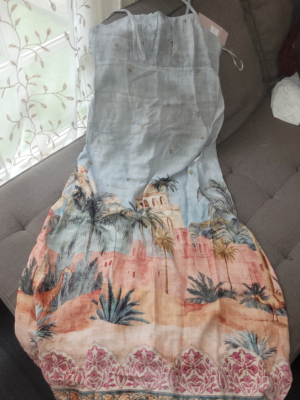 Maxi Sundress with Tropical Castle Print - Light Blue & Coral